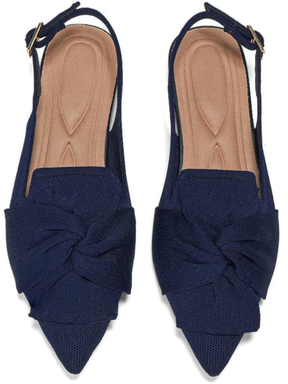 Women's Navy Pointed Toe Flats Buckle Ankle Strap Slingback Comfortable Shoe